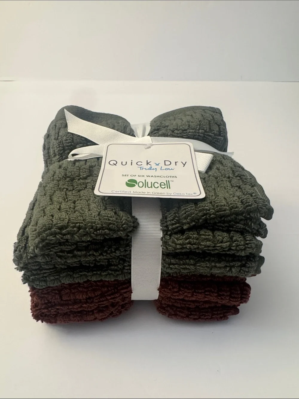 6pc TRULY LOU 100% Cotton Quick Dry Bath Washcloth Towel Set - Green/Wine